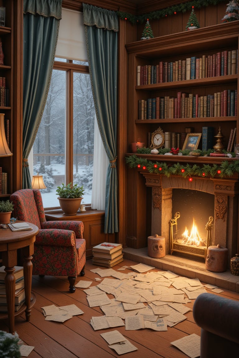 Warm and inviting library scene,  festive Christmas decor,  soft ambient lighting by Pekgy on Tensor.Art