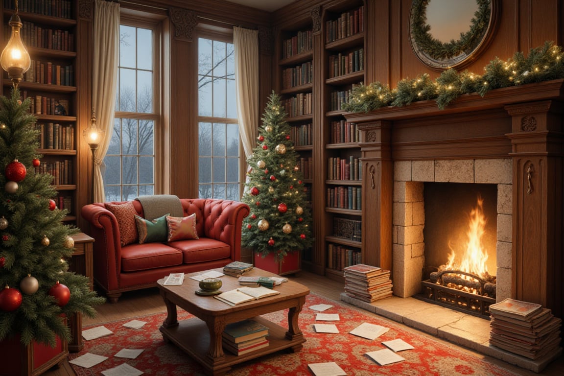 Warm and inviting library scene,  festive Christmas decor,  soft ambient lighting by Pekgy on Tensor.Art