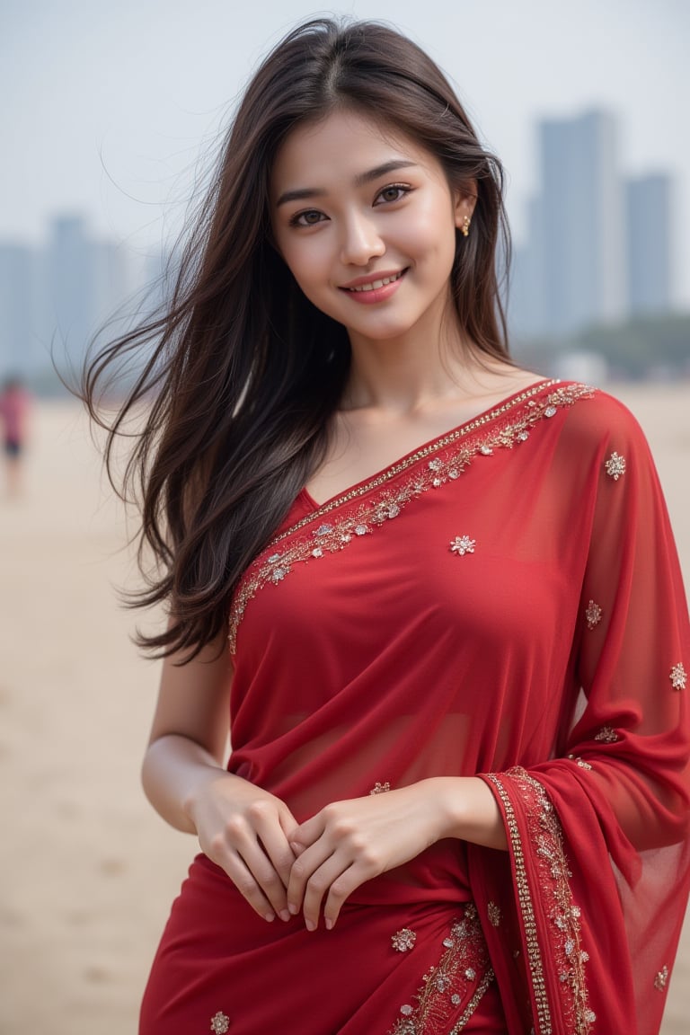Generate an AI influencer with soft,  natural features resembling a young woman from Bangladesh. She is 21 years old. She...