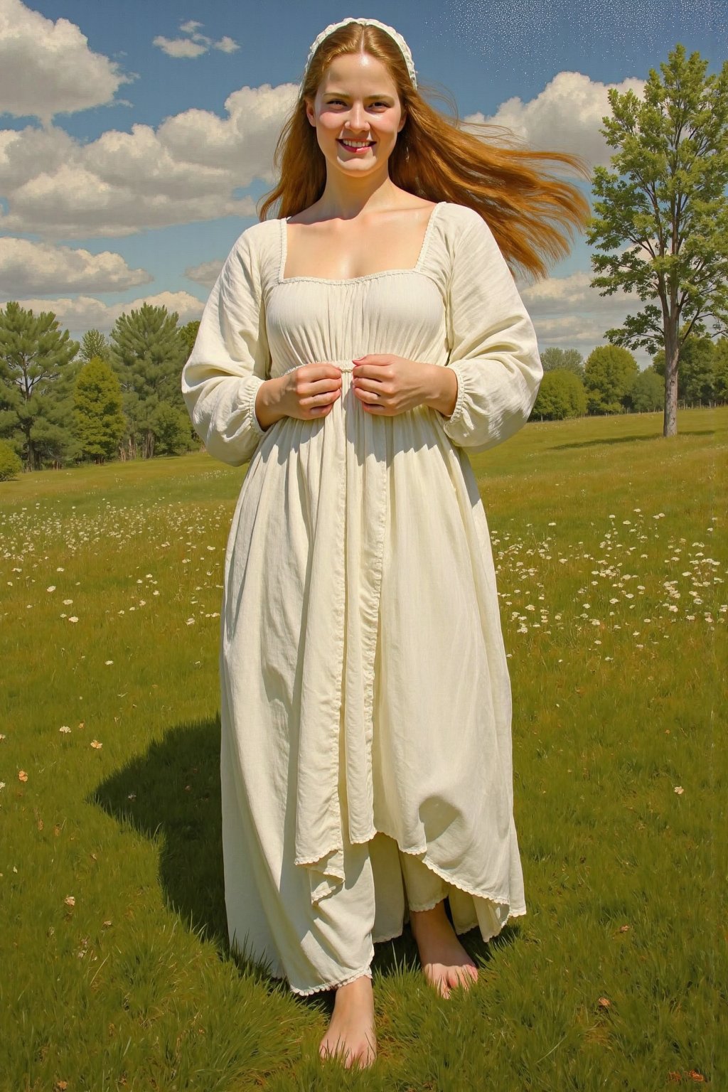 painting by Greg Rutkowski.  barefoot medieval washerwoman  smiling, barefoot,  very pale, beautiful, frontal view, looking at viewer, barefoot in the grass,