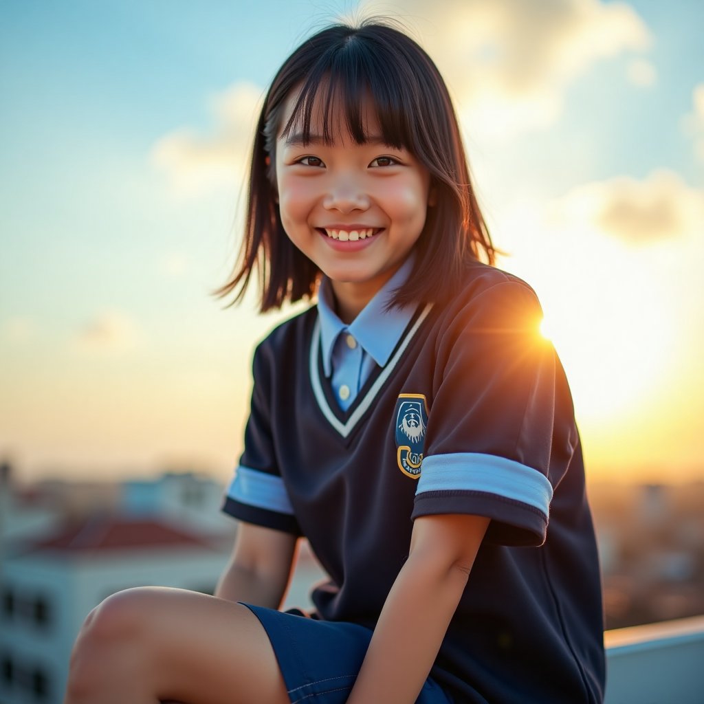 photographic worm’s Eye View portrait of an asian middle school girl sitting on a rooftop, bathed in warm sunlight. Her blue and black uniform highlights her youthful smile and expressive brown eyes against a vibrant sky. 