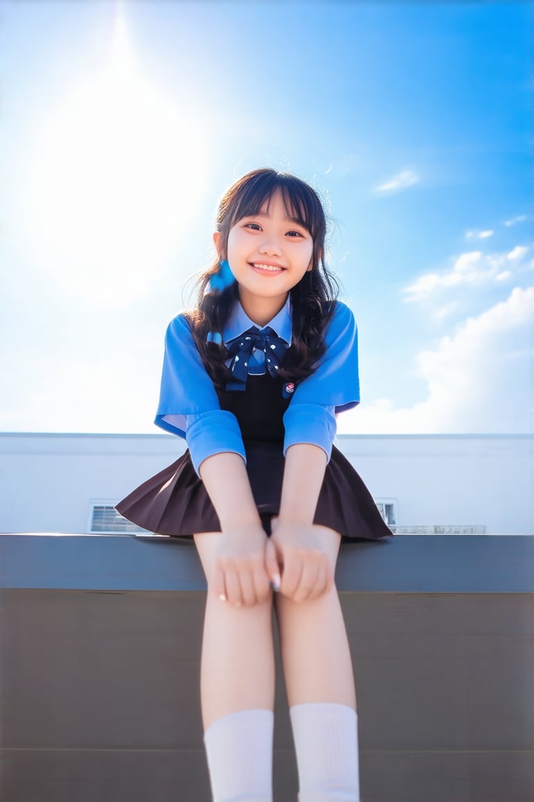 photographic worm’s Eye View portrait of an asian middle school girl sitting on a rooftop, bathed in warm sunlight. Her blue and black uniform highlights her youthful smile and expressive brown eyes against a vibrant sky. 