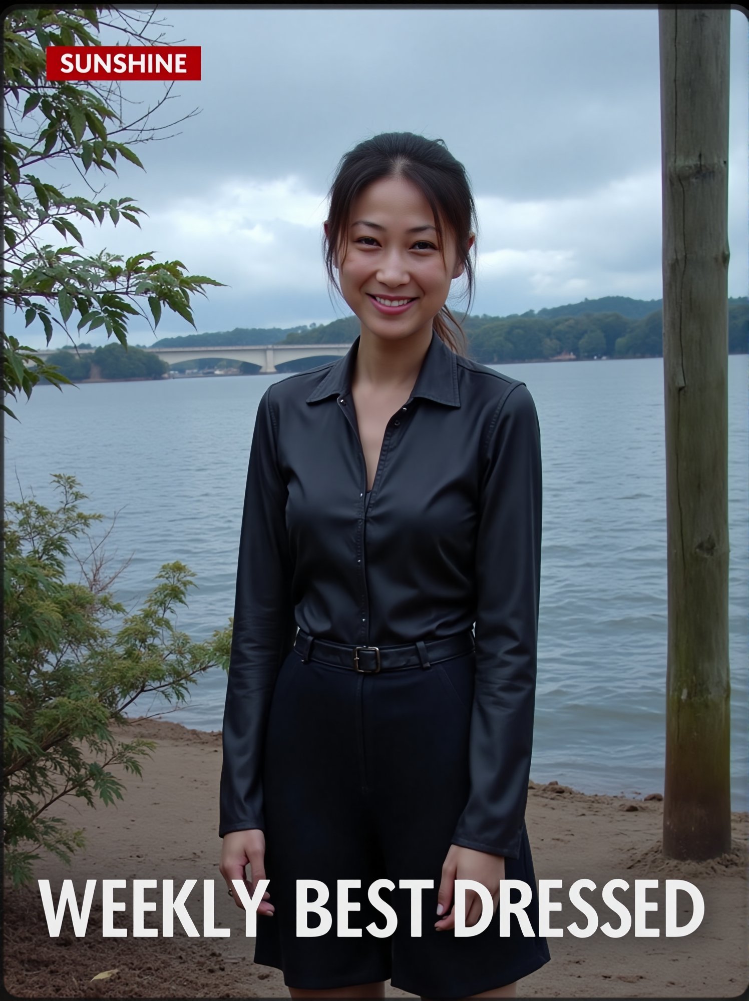 Captured on a digital screen, a woman stands in front of a body of water. She is dressed in a black leather jacket, a black skirt, and a black belt. Her hair is styled in a sleek bob, and her eyes are focused on the camera. The woman's hair is dark brown, and she is wearing a pair of black laces. The backdrop is a cloudy sky, and there is a bridge in the distance. To the left of the woman is a tree with green leaves, and the word "SUNSHINE" is visible in the top left corner of the screen. Below the screen, the words "Weekly Best Dressed" are written in white.
