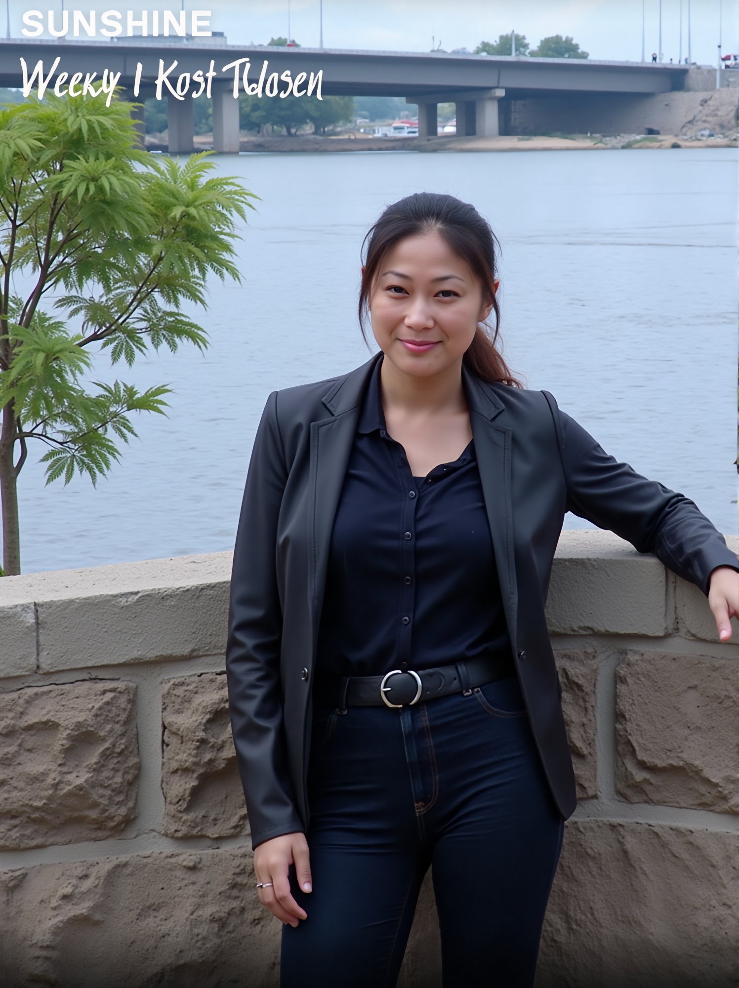 Captured on a digital screen, a woman stands in front of a body of water. She is dressed in a black leather jacket, a black skirt, and a black belt. Her hair is styled in a sleek bob, and her eyes are focused on the camera. The woman's hair is dark brown, and she is wearing a pair of black laces. The backdrop is a cloudy sky, and there is a bridge in the distance. To the left of the woman is a tree with green leaves, and the word "SUNSHINE" is visible in the top left corner of the screen. Below the screen, the words "Weekly Best Dressed" are written in white.
