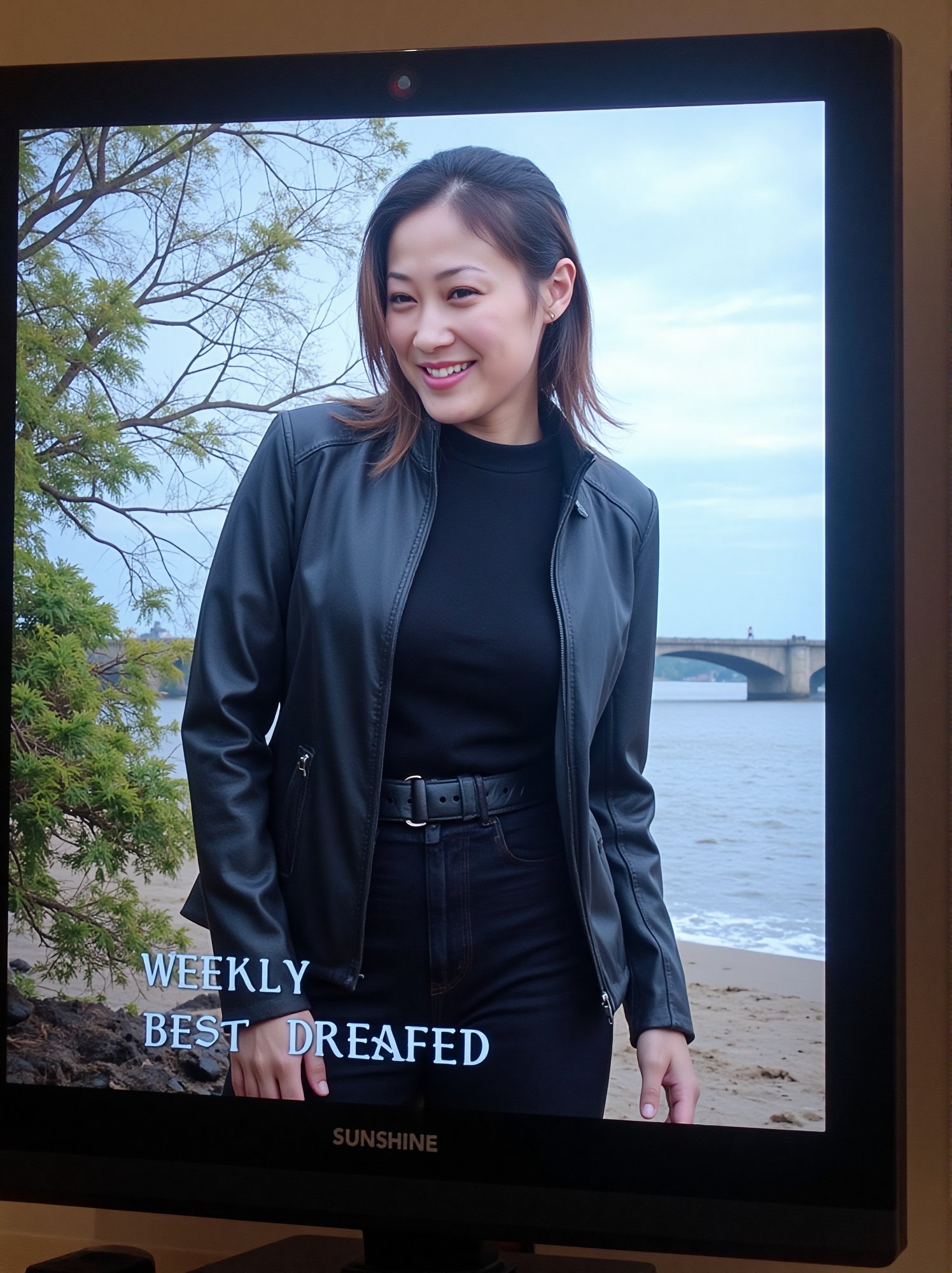 Captured on a digital screen, a woman stands in front of a body of water. She is dressed in a black leather jacket, a black skirt, and a black belt. Her hair is styled in a sleek bob, and her eyes are focused on the camera. The woman's hair is dark brown, and she is wearing a pair of black laces. The backdrop is a cloudy sky, and there is a bridge in the distance. To the left of the woman is a tree with green leaves, and the word "SUNSHINE" is visible in the top left corner of the screen. Below the screen, the words "Weekly Best Dressed" are written in white.
