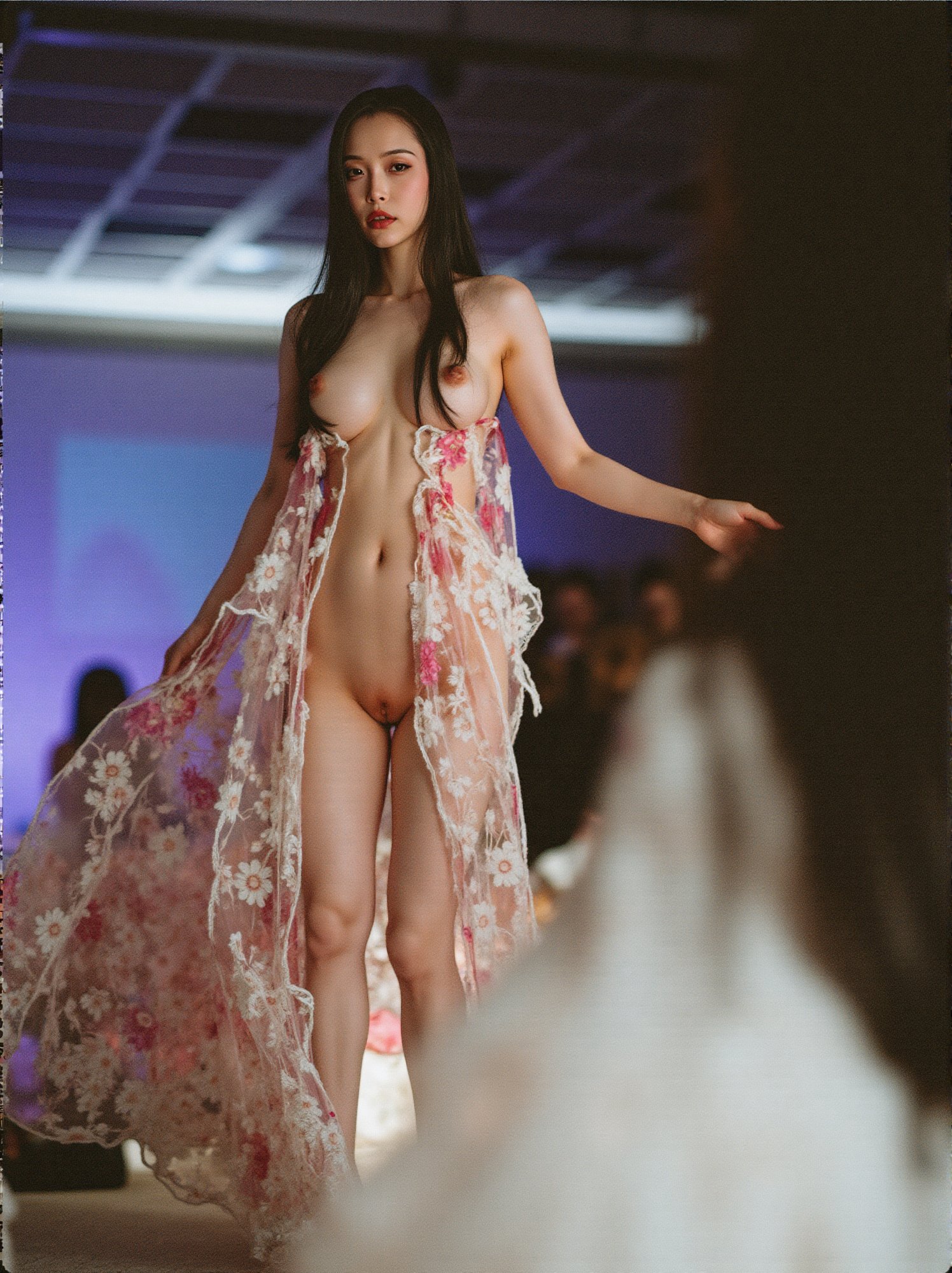 
A captivating scene unfolds:35mm film,BJ_Rainbow_light,A model is walking on the runway at a fashion show.