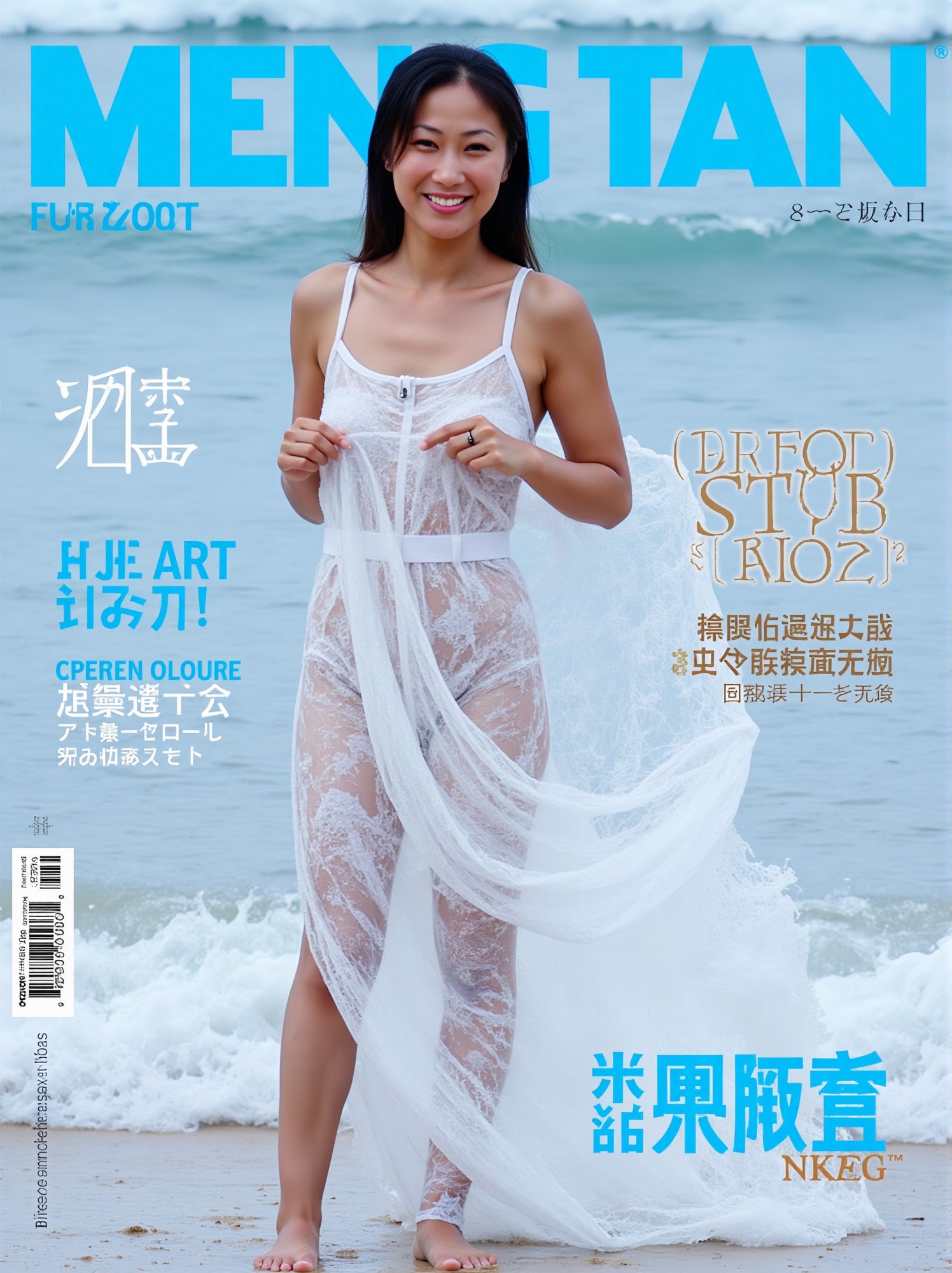 The prominent blue letters at the top of the magazine cover read 'MENG TAN':best quality, masterpiece, cowboy_shot,(Good structure), DSLR Quality,Depth of field,kind smile,looking_at_viewer,Dynamic pose, (ice art, translucent forms, ephemeral beauty, crystalline textures, delicate craftsmanship, chilling allure),sea,wave,liquid clothes,dress, water dress,,pose for picture,long_hair,kind smile,, liquid clothes, , sd mai,
