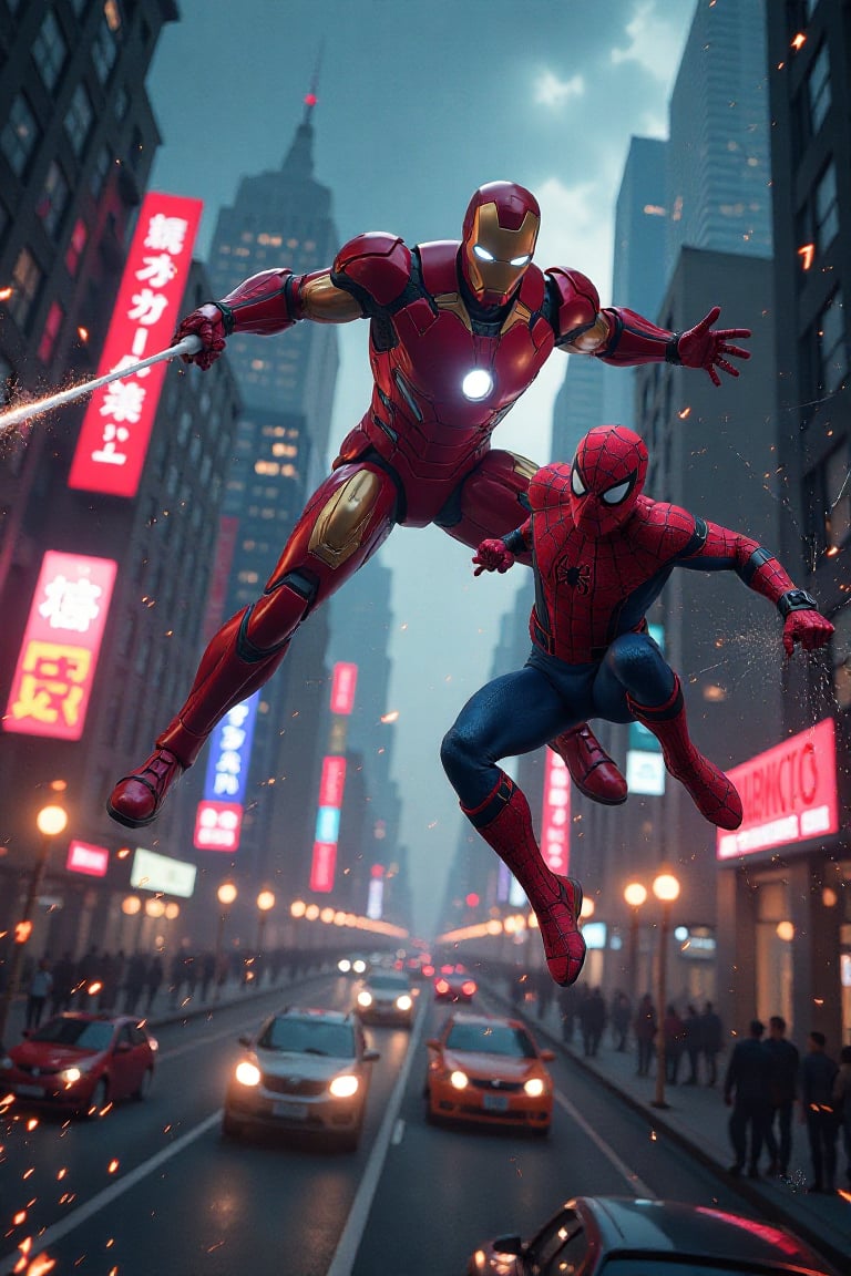 A dynamic action scene of Spiderman and Ironman engaged in a high-speed battle in a bustling cityscape. The shot captures Spiderman swinging through the air with his web, while Ironman hovers above, firing repulsor beams. The city streets are filled with neon lights and towering skyscrapers, creating a vibrant, chaotic atmosphere. The lighting is dramatic, with sharp contrasts between the bright city lights and the dark shadows. The composition emphasizes the intense clash, with both heroes mid-action, surrounded by debris and sparks flying.