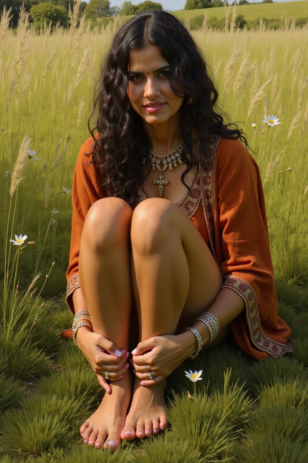 painting, beautiful 25 year old medieval indian woman, barefoot. sitting  in the grass . sadistic smile, cruel mistress. evil smile.  focus on her foot. foot in focus. aidmaFeetFix