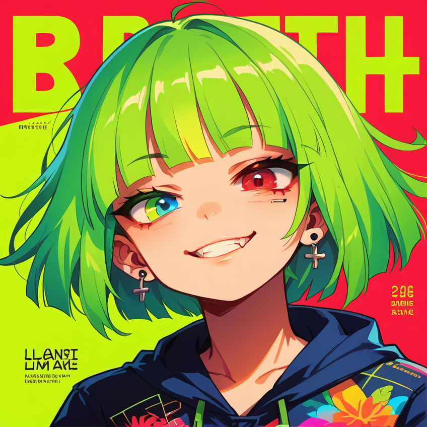 score_9, score_8_up, score_7_up,source_anime,BREAK, Vibrant pastel colors, limited_palette, restricted_palette, 1boy, smug, piercing neon eyes, Neon, magazine_cover, bright lime green hair, flat red background, head_tilt, heterochromia, 