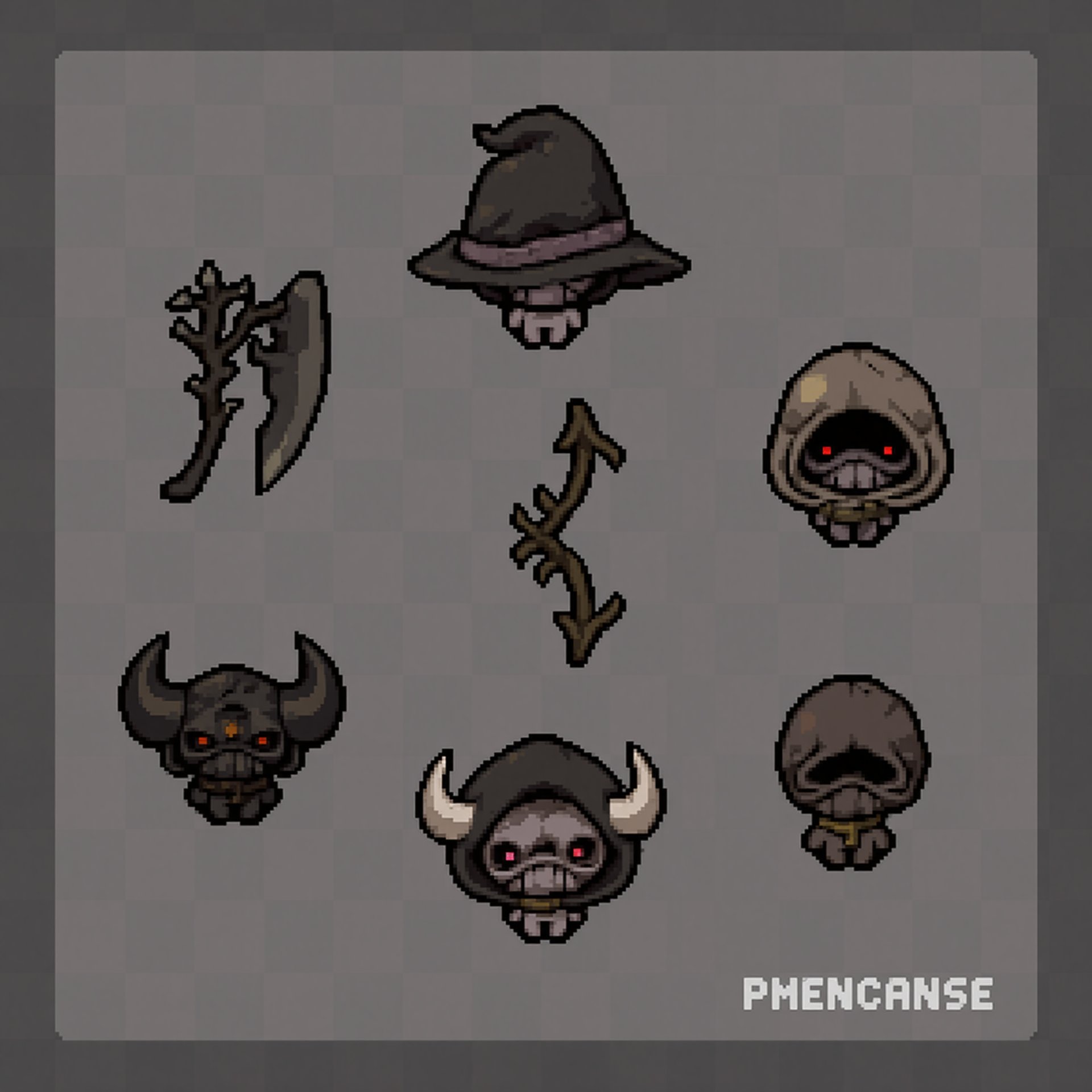 looking at viewer red eyes hat weapon horns artist name hood pink eyes grey background chibi no humans border witch hat he...