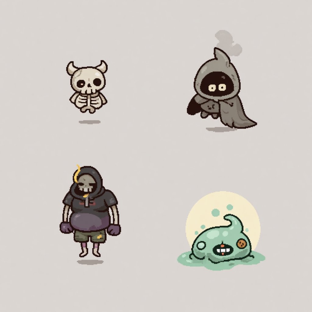 Create a 2x2 sheet of undead monsters on a warm light‑gray background. Style: minimalist indie sprite,  soft brown 1–2 px...