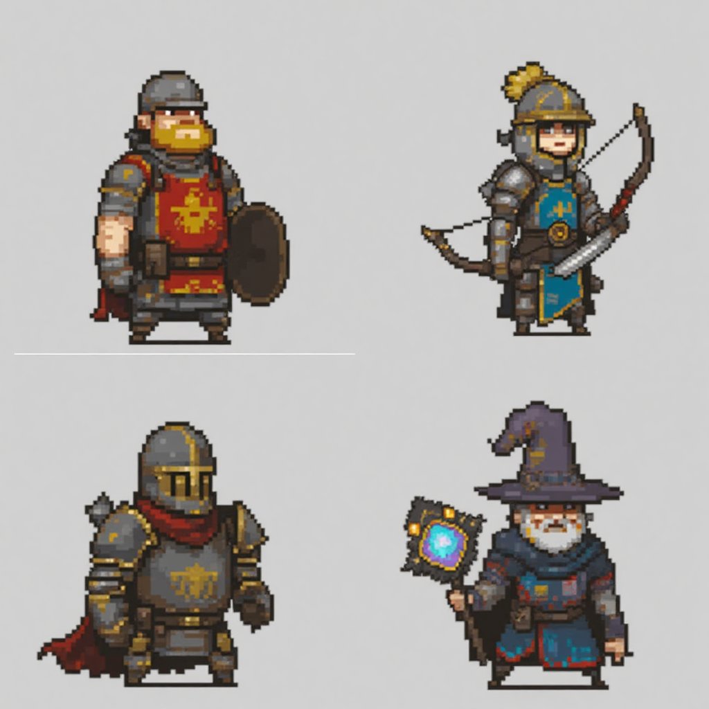 Theme: Medieval Fantasy Kingdom War Style: Animated Cartoon Chibi Doodle Canvas: • 4×4 grid,  small monster canvas,  gray...