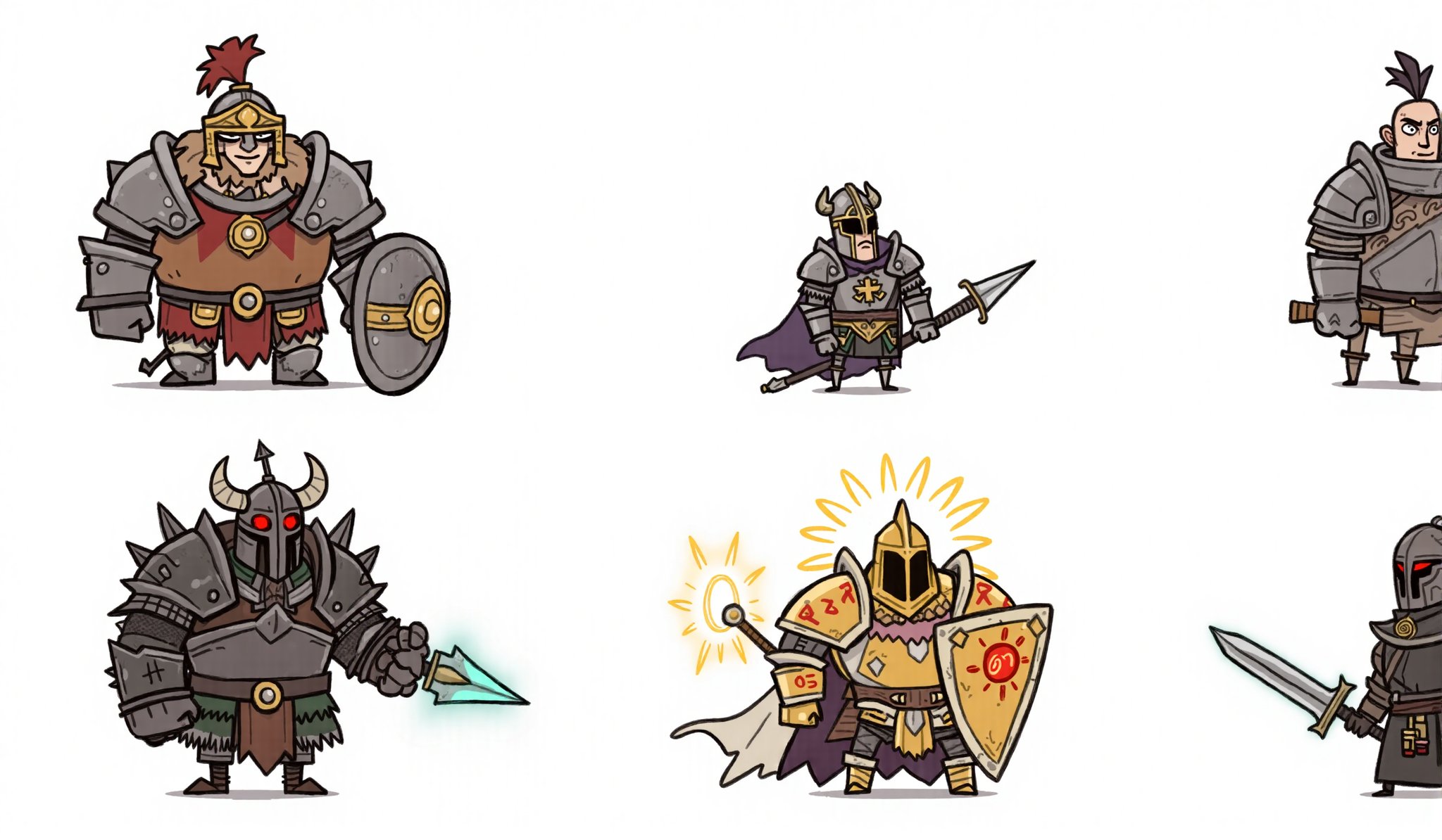 A 2x2 grid featuring four whimsical doodle-style armored characters,  each designed with distinct roles and vibrant mediev...
