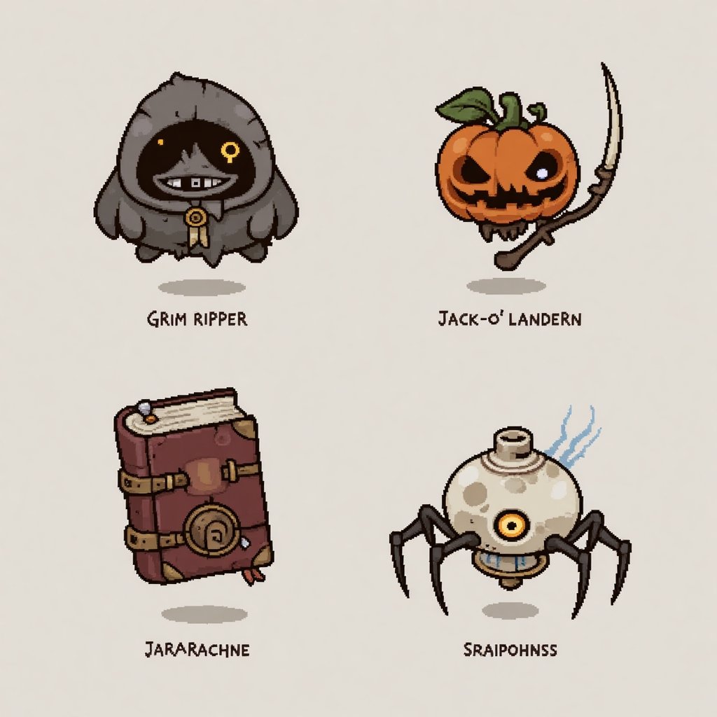 Create a 2x2 sheet of magic‑library monsters on a warm light‑gray background. Style: minimalist indie sprite,  soft brown...