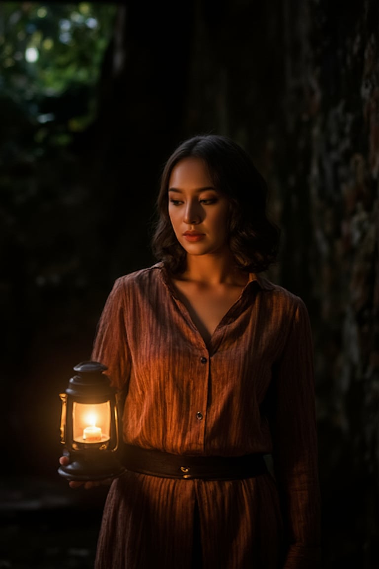 Woman's weathered face illuminated by the soft glow of a lit lantern in an ancient, dimly lit chamber. Ancient Greek-inspired attire adorns her figure, worn with a hint of elegance amidst the dark, mysterious surroundings. Her eyes are cast downward, focused on the task at hand as she carefully lights the lamp..,SHORT,AWA