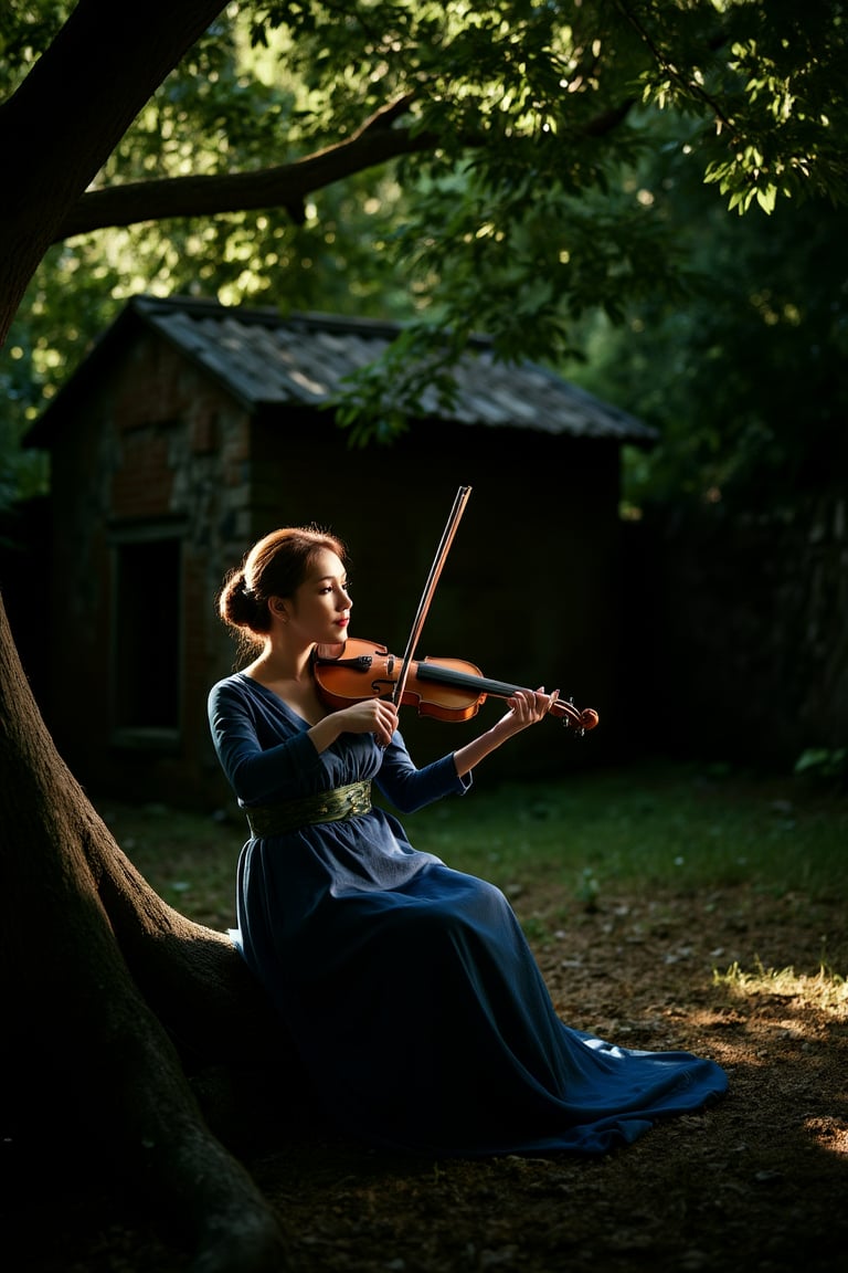 Short lighting portrait of a woman sit under the tree, playing violin, wear ancient attire, dark ancient house.,SHORT