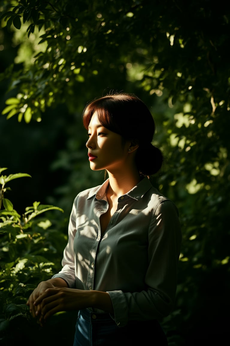 A serene head portrait of a woman, her face softly illuminated by the warm sunlight filtering through the leaves above, as she tends to her garden beneath the dark, leafy canopy of the tree. Her features are framed by the lush greenery, while scattered shadows dance across the ground, creating a sense of peaceful contemplation.,SHORT