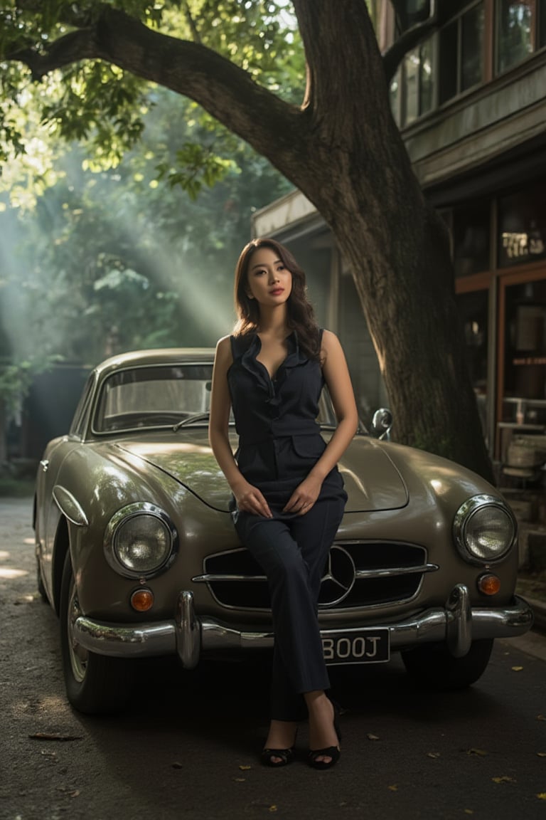 A woman's tranquil face fills the frame, positioned on the vintage automobile's hood, shrouded in the darkness beneath the ancient tree's sprawling canopy. Her attire exudes classic elegance, while the misty atmosphere and ray of soft light dancing through the leaves imbue the scene with mystique. In the background, a coffee shop's sign creaks gently in the morning breeze.,SHORT,AWA,HDR