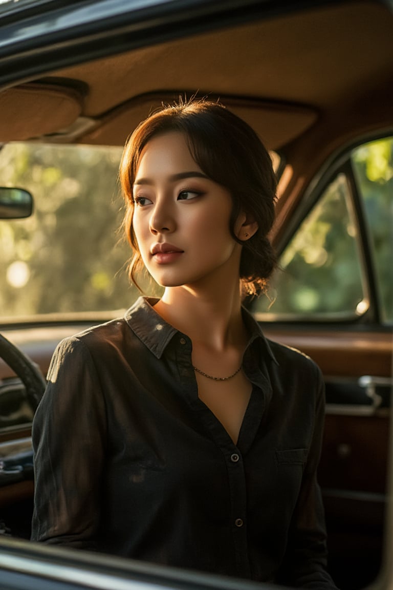 A close-up shot of a tranquil woman's face, illuminated by a warm ray of light, as she sits poised on the vintage dashboard of a classic car, shrouded in the darkness beneath a towering tree. The soft glow of morning mist envelops her, complemented by the earthy tones of the coffee shop's rustic interior. Her classic outfit exudes timeless elegance.,SHORT,AWA