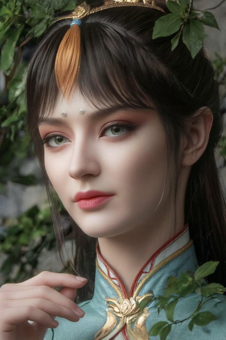 A tender close-up captures the tranquil visage of a youthful Chinese warrior maiden, her features softened by the gentle rustle of leaves and petals surrounding her. Her headdress and ancient attire blend seamlessly into the lush foliage, as if she were born from the very earth itself. A delicate flower adorns her hand, its bright petals mirroring her own radiant smile as she gazes lovingly at its happy face. The whispers of wind weave through her tresses, as if beckoning the viewer to step into this idyllic world.