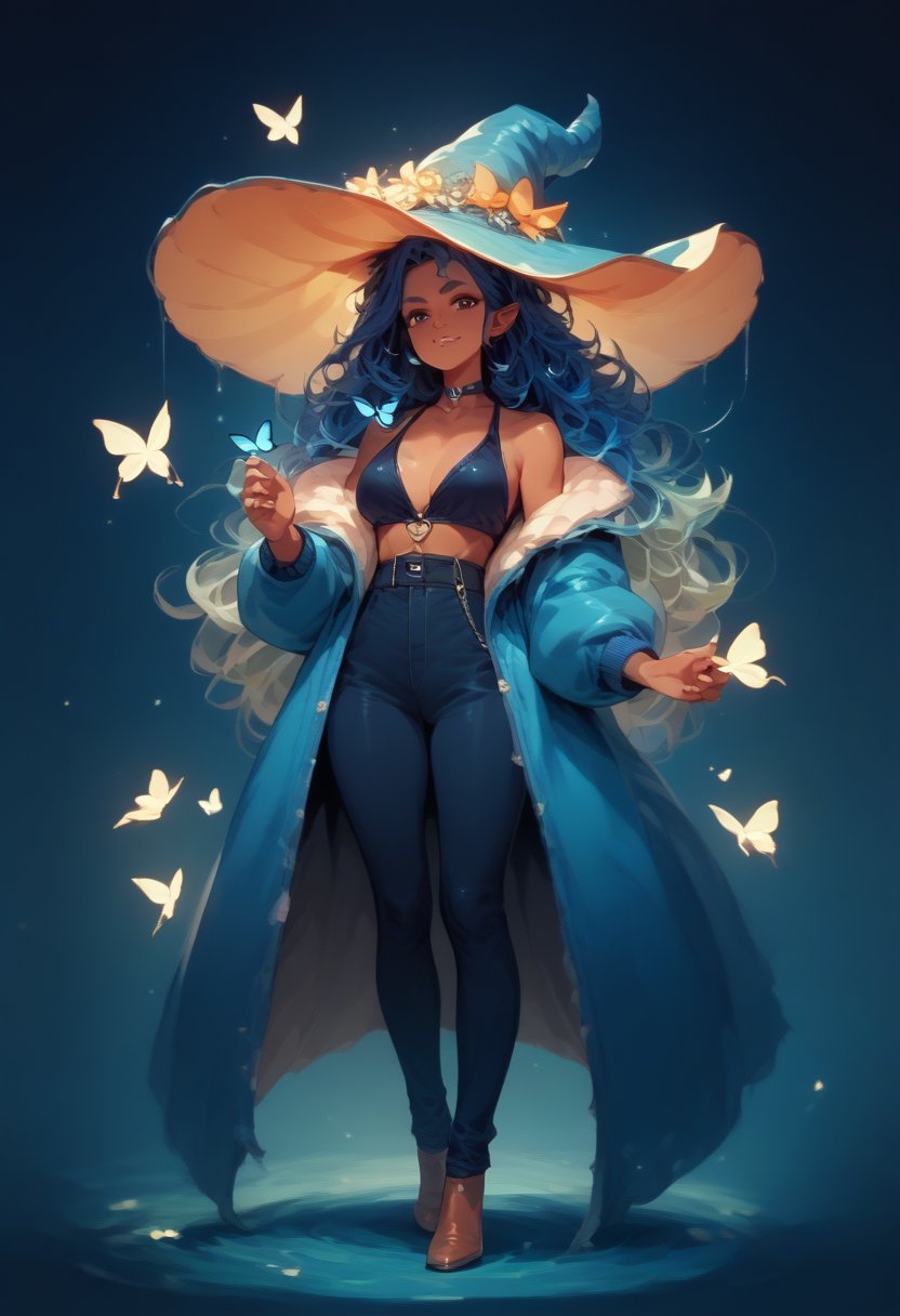 dark skin female elf witch with long black curly coily hair with blue and purple highlights. surrounded by blue flowers and blue butterflies full body,score_9, score_8_up, score_7_up,source_anime,BREAK,score_9, score_8_up, score_7_up,score_9, score_8_up, score_7_up