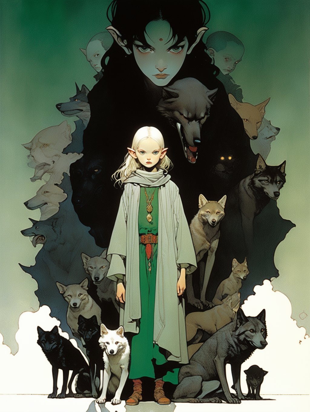 art by mike mignola and moebius. Full body shot of 1girl, the Great Wolf an intimidating female elf criminal and thug, slim and small chested, young child, very pale skin, light grey hair, emerald green eyes, high cheekbones, delicate features, thin lips, evil-looking; north-african,