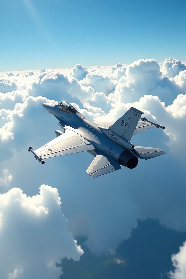 Realistic, movie scene, 8K, HD, high-resolution, super detailed 16K masterpiece in Ultra HD. The scene captures an F-16 fighter jet soaring majestically above the clouds, with a vast blue sky as its backdrop, in Southeast Asia, 2024. The jet's sleek form contrasts with the fluffy white clouds below, as it glides effortlessly through the sky. The composition highlights the jet's intricate details and the serene beauty of the cloudscape, creating a dynamic and engaging scene. The Southeast Asia setting adds depth and a sense of place.