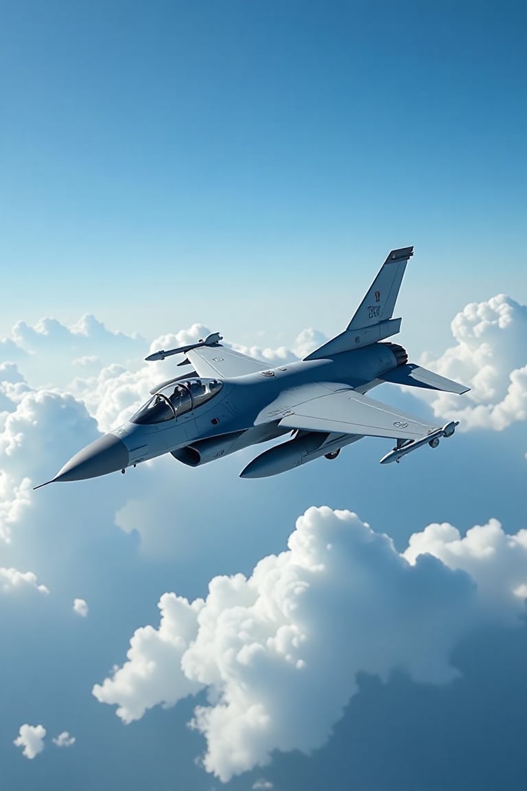 Realistic, movie scene, 8K, HD, high-resolution, super detailed 16K masterpiece in Ultra HD. The scene captures an F-16 fighter jet soaring majestically above the clouds, with a vast blue sky as its backdrop, in Southeast Asia, 2024. The jet's sleek form contrasts with the fluffy white clouds below, as it glides effortlessly through the sky. The composition highlights the jet's intricate details and the serene beauty of the cloudscape, creating a dynamic and engaging scene. The Southeast Asia setting adds depth and a sense of place.