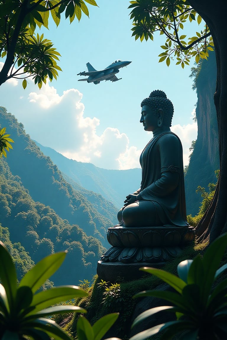 Realistic, movie scene, 8K, HD, high-resolution, super detailed 16K masterpiece in Ultra HD. The Buddha Image stands majestically in the foreground, with the deep rainforest as its backdrop. Above, an F-16 jet soars across the blue sky, its sleek form contrasting with the lush greenery below. Dappled sunlight filters through the canopy, casting soft shadows on the Buddha Image and surrounding foliage. The composition highlights the intricate details of the Buddha Image, the dense rainforest, and the majestic presence of the jet, creating a captivating and dynamic scene. The Southeast Asia setting adds depth and a sense of place.