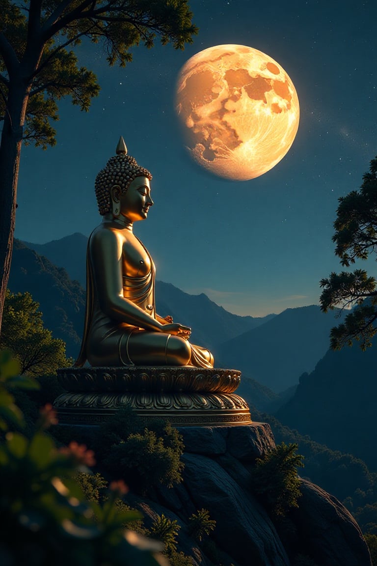 Realistic, movie scene, 8K, HD, high-resolution, super detailed 16K masterpiece in Ultra HD. The Golden Buddha Image stands majestically in the foreground, with the deep forest as its backdrop. The night sky is filled with stars, and Jupiter is prominently visible, its large size and distinctive bands adding to the celestial beauty. Soft, warm light from the Buddha Image creates a serene atmosphere, casting gentle shadows on the surrounding foliage. The composition highlights the Buddha Image's intricate details and the majestic presence of Jupiter, creating a captivating and serene scene.