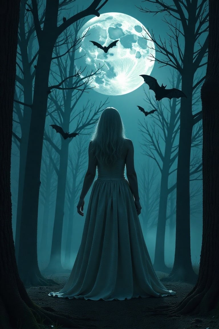 Realistic, 16K, Ultra HD. The image depicts an American woman ghost amidst many trees, with bats swirling around the tree, creating eerie shadows in the moonlight. The bats' wings add a sense of mystery, casting an otherworldly light. Above, a full moon bathes the entire scene in a cold, silver glow, illuminating the scene with a mystical atmosphere. The composition captures the dynamic and engaging nature of the supernatural environment, creating a realistic and detailed scene.