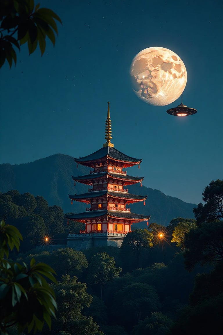 Realistic, movie scene, 8K, HD, high-resolution, super detailed 16K masterpiece in Ultra HD. The golden pagoda stands majestically in the foreground, with the deep forest as its backdrop. The night sky is filled with stars, and a UFO hovers above, casting a soft glow. Jupiter is prominently visible, its large size and distinctive bands adding to the celestial beauty. Soft, warm light from the pagoda and the UFO creates a serene atmosphere, casting gentle shadows on the surrounding foliage. The composition highlights the pagoda's intricate details and the mystical presence of the UFO and Jupiter, creating a captivating and otherworldly scene.