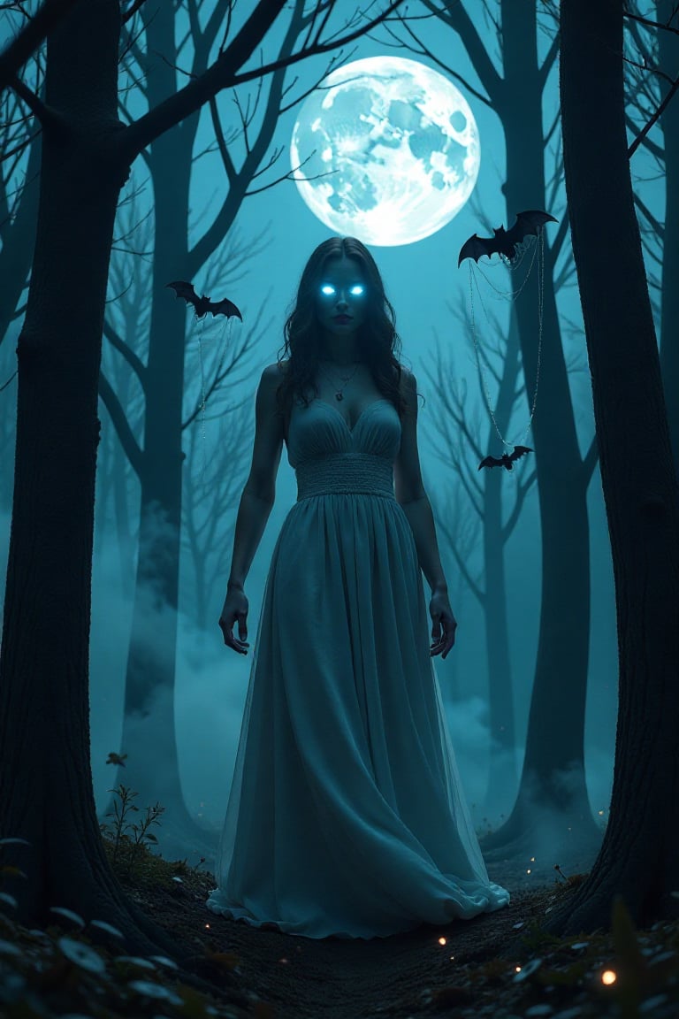 Realistic, 16K, Ultra HD. The image depicts a woman ghost amidst many trees, with bats swirling around the tree, creating eerie shadows in the moonlight. Spiders weave delicate webs among the tree branches, adding a sense of mystery. The figure's glowing blue eyes pierce through the darkness, casting an otherworldly light. Above, a full moon bathes the entire scene in a cold, silver glow, illuminating the scene with a mystical atmosphere. The composition captures the dynamic and engaging nature of the supernatural environment, creating a realistic and detailed scene.