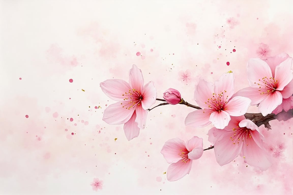   
 made with abstract watercolors. Delicate cherry blossom petals seem to float in the air and smoothly merge with the background, soft edges passing into pale shades of pink tone. The shape of the flower is barely hinted at, the watercolor spreads out in flowing, unpredictable patterns, creating an almost dreamlike effect. Thin strips of gold shimmer faintly within the petals, giving them elegance. The background is rendered in a soft, hazy range of pastel shades, the overall effect is delicate, and layers of translucent color give the work a serene, otherworldly atmosphere.