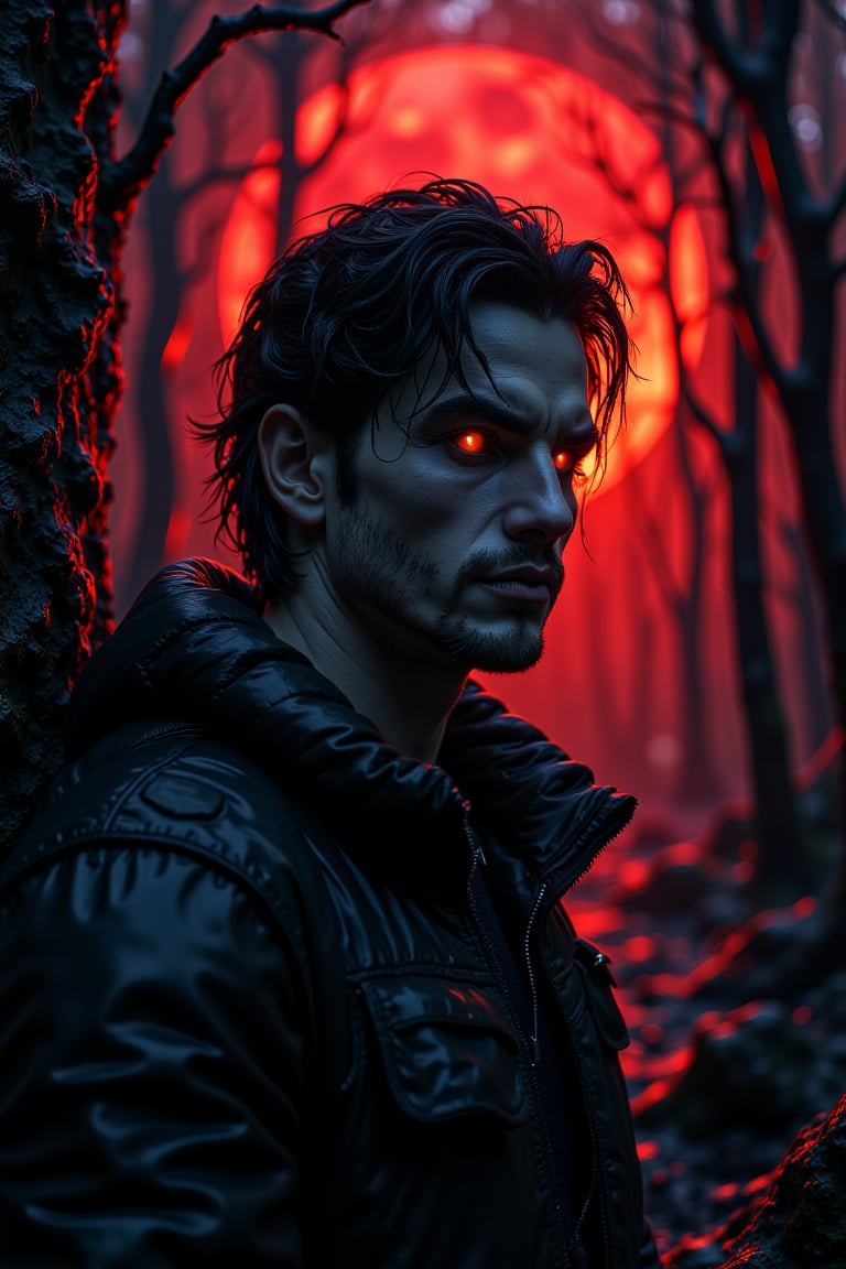 Close-up portrait of a lone figure amidst a mystical dark forest backdrop, where the red glow of a crescent moon casts an eerie light. The subject's face is illuminated, revealing piercing red eyes and unkempt hair, framing his chiseled features. His gaze is intense, as if fixed on some distant point, while his good hand rests calmly at his side.,MSKLDJM