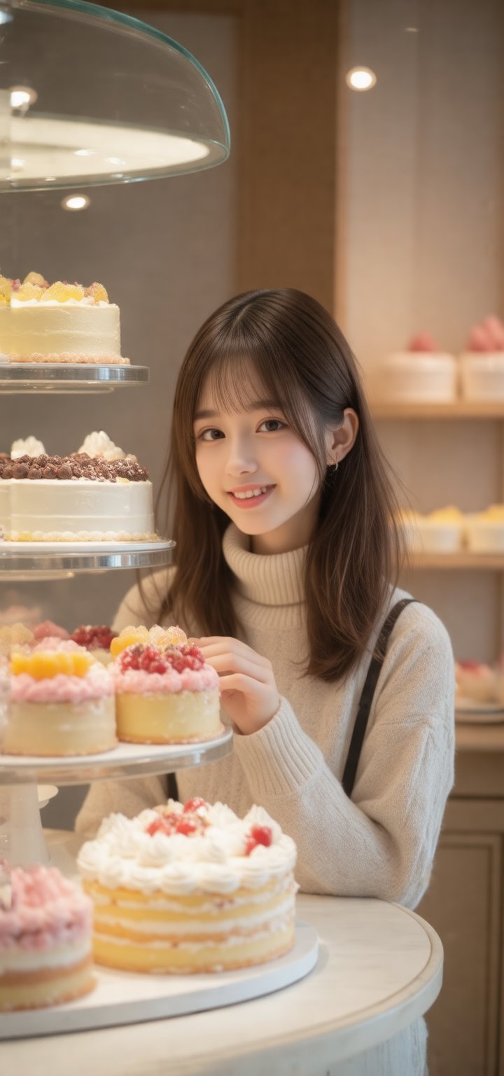 masterpiece, best quality, realistic, realistic lighting, 8K, HDR, 1girl, solo, 23yo,brown long hair, from front, looking at viewer, smile, turtleneck sweater, soft light, A cozy bakery interior, filled with colorful cakes displayed on polished wooden shelves, warm golden lighting casting soft glows, a person thoughtfully selecting a dessert, surrounded by sweet aromas, in a charming, whimsical style.,hair accessories