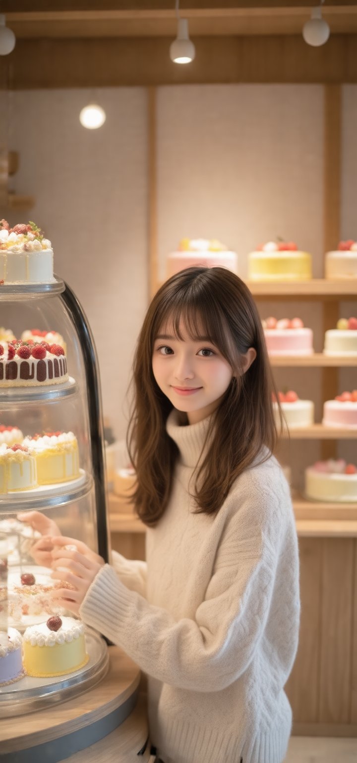 masterpiece, best quality, realistic, realistic lighting, 8K, HDR, 1girl, solo, 23yo,brown long hair, from front, looking at viewer, smile, turtleneck sweater, soft light, A cozy bakery interior, filled with colorful cakes displayed on polished wooden shelves, warm golden lighting casting soft glows, a person thoughtfully selecting a dessert, surrounded by sweet aromas, in a charming, whimsical style.,hair accessories