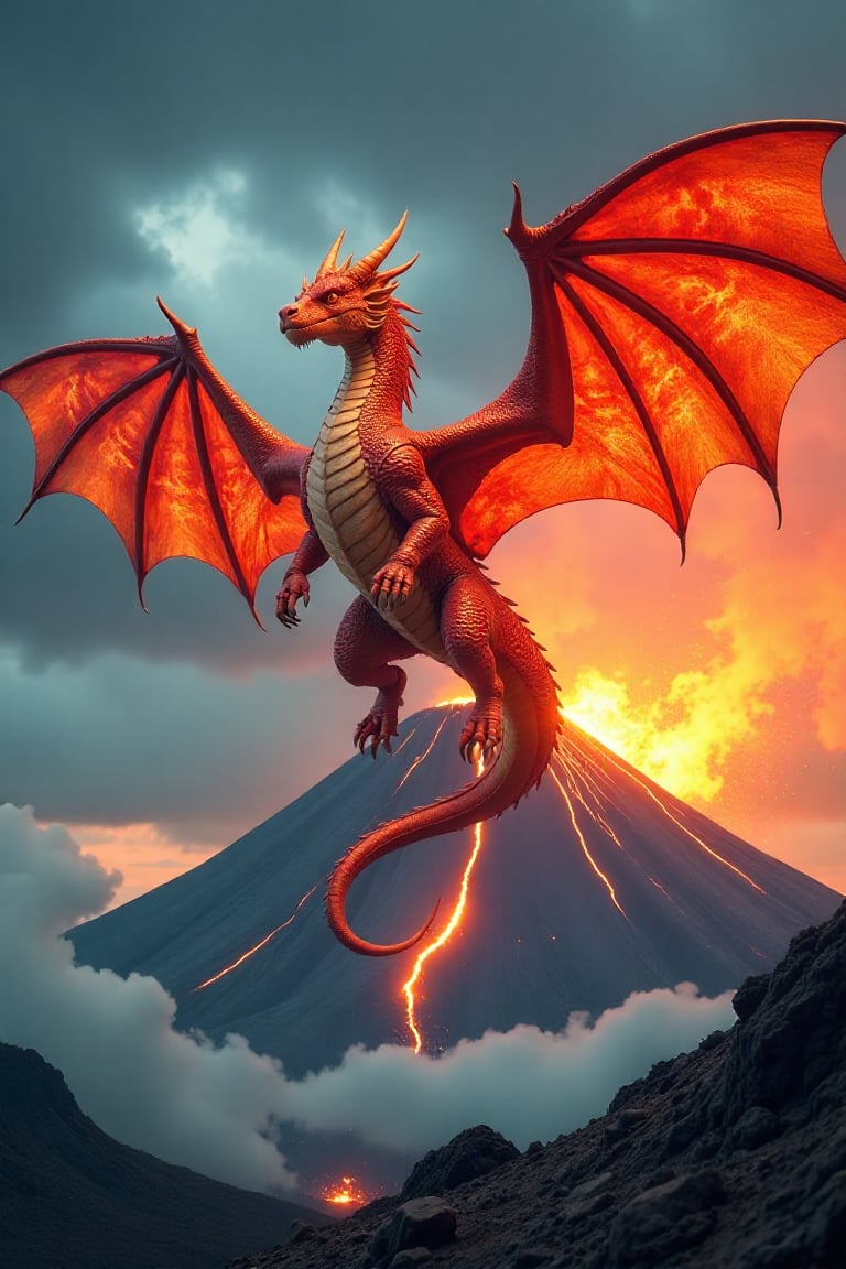 A majestic fiery dragon, wings outstretched, soaring in the sky above an erupting volcano. The dragon's scales shimmer with molten hues, contrasting against the dark, stormy clouds. The volcano spews lava and ash, creating a dramatic, fiery backdrop. The scene is framed with the dragon in the foreground, its powerful form dominating the composition, with the volcano's eruption adding dynamic movement and intense lighting.