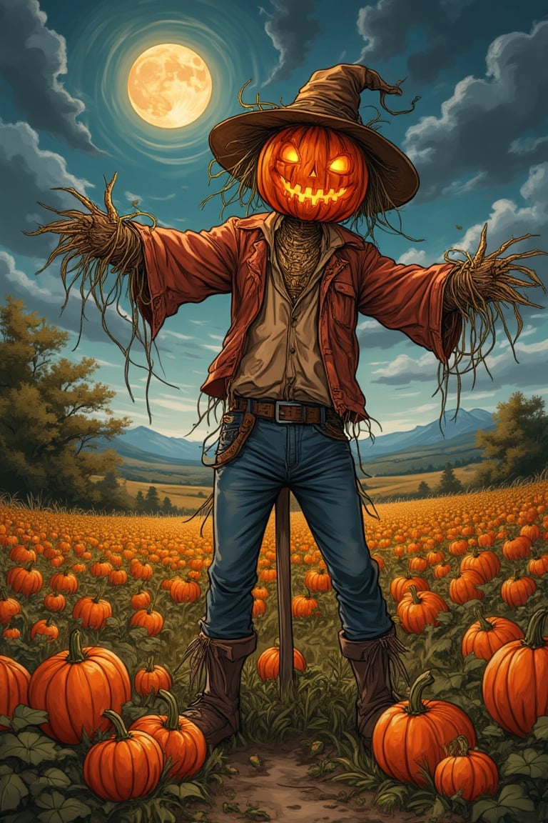 vibrant Konami art style illustration of a scarecrow standing amidst a field of pumpkins, celebrating Halloween. The scarecrow wears a tattered hat and old clothes, with a pumpkin head featuring a mischievous grin. The scene is set in a rural landscape, with a full moon casting an eerie glow over the field. The scarecrow is animated, with one arm raised in a playful wave. Soft, warm lighting highlights the scarecrow's rustic details and the festive atmosphere. The composition is dynamic, with the scarecrow slightly off-center, capturing the charm and spookiness of Halloween.