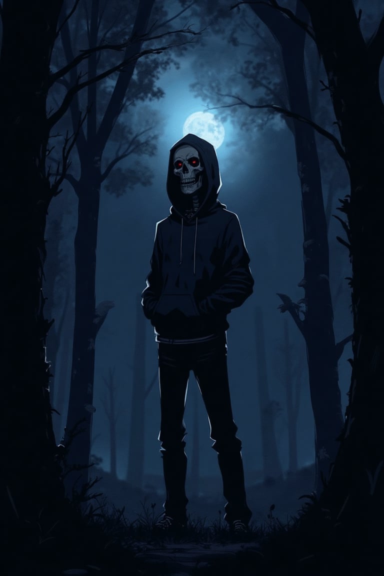 A dark, eerie anime scene with a skeletal figure in casual attire, standing in a dimly lit, foggy forest. The skeleton wears a hoodie and jeans, with glowing red eyes. The composition is centered, with the skeletal figure slightly off-center, creating a sense of unease. The lighting is low, with a single beam of moonlight breaking through the trees, casting long shadows. The skeletal figure's pose is relaxed, hands in pockets, but with an ominous aura.