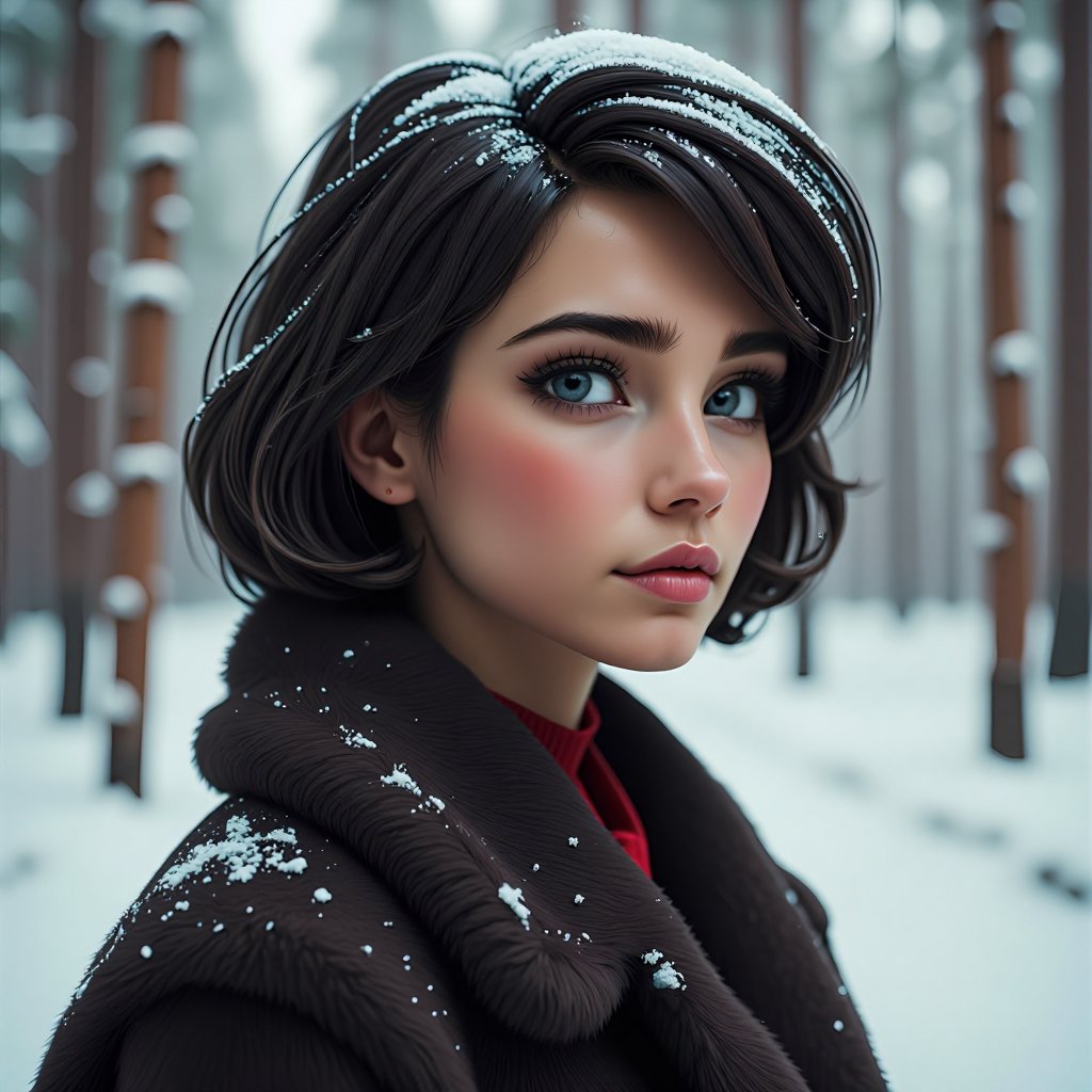 a closeup cinematic photo portrait of short hair, a women wearing luxury fur coat, fur clothing, winter, in a forest, snowfal