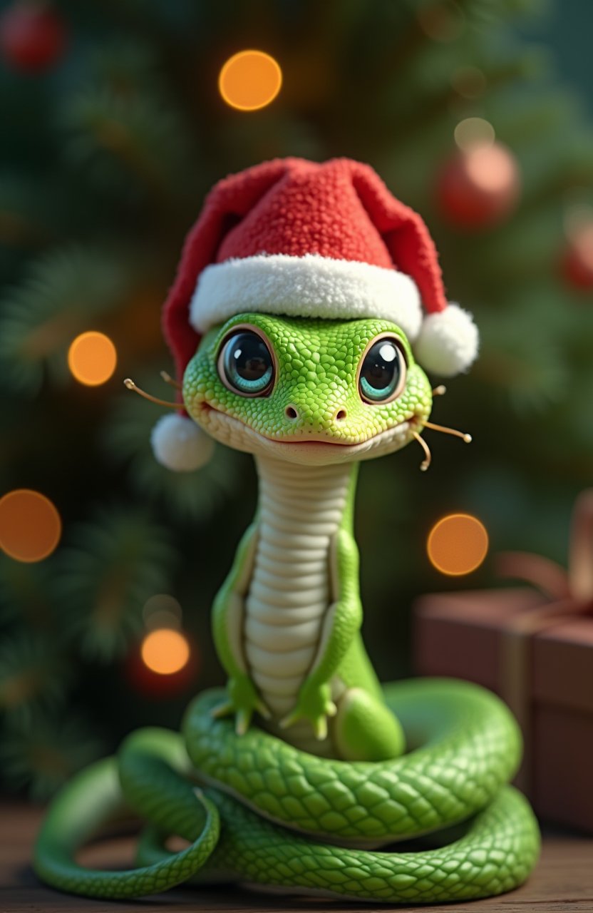 Little green snake in a red and white Christmas hat,  cute and charming,  tiny snake with big eyes by alekskuznech-mail on...