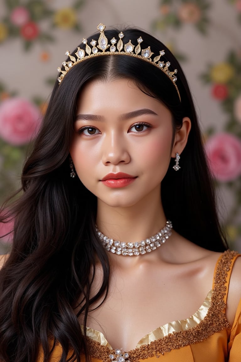 (Fine, 4k, 8k, HD, Masterpiece: 1.2), Super Fine, Eye Sparkle, Realistic, Lady, Medieval Style, Gorgeous Style, Princess Style, Gemstone Jewelry, Aristocratic Style, Full Body Shot: 1.5, Normal Shot: 1.5, Frontal Shooting, German Bro style, shy expression, straight black hair, elegant mini crown, colorful, garden scenery, high-color floral background, castle background, studio lighting, FLUX_QTNimE_2, NiJi_2_FLUX, REALNIME