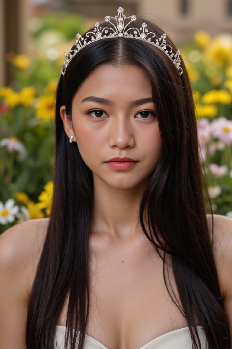 (Fine, 4k, 8k, HD, Masterpiece: 1.2), Super Fine, Eye Sparkle, Realistic, Lady, Medieval Style, Gorgeous Style, Princess Style, Gemstone Jewelry, Aristocratic Style, Full Body Shot: 1.5, Normal Shot: 1.5, Frontal Shooting, German Bro style, shy expression, straight black hair, elegant mini crown, colorful, garden scenery, high-color floral background, castle background, studio lighting, FLUX_QTNimE_2, NiJi_2_FLUX, REALNIME