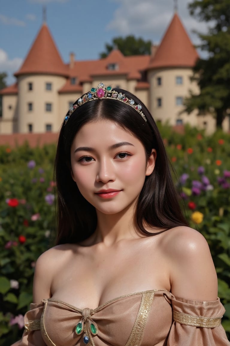 (Fine, 4k, 8k, HD, Masterpiece: 1.2), Super Fine, Realistic, Lady, Medieval Style, Gorgeous Style, Princess Style, Gemstone Jewelry, Aristocratic Style, Full Body Shot: 1.5, Normal Shot: 1.5, Frontal Shot, Germany Bro style, shy expression, straight black hair, elegant mini crown, colorful, garden scenery, high color floral background, castle background, studio lights, FLUX_QTNimE_2, NiJi_2_FLUX, REALNIME