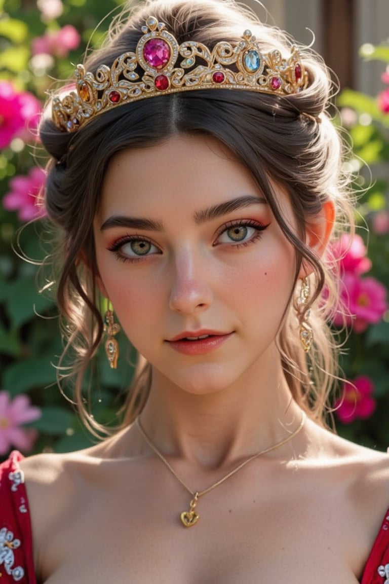 (Fine, 4k, 8k, HD, Masterpiece: 1.2), Ultra-Detailed, Realistic, Lady, Medieval Style, Gorgeous Style, Princess Style, Gemstone Jewelry, Aristocratic Style, Full Body Shot: 1.5, Normal Shot: 1.5, Frontal Shot, Germany Bro style, shy expression, brown curly hair, elegant mini crown,colorful, garden scenery, high color flowers background, studio lighting, FLUX_QTNimE_2, NiJi_2_FLUX, REALNIME