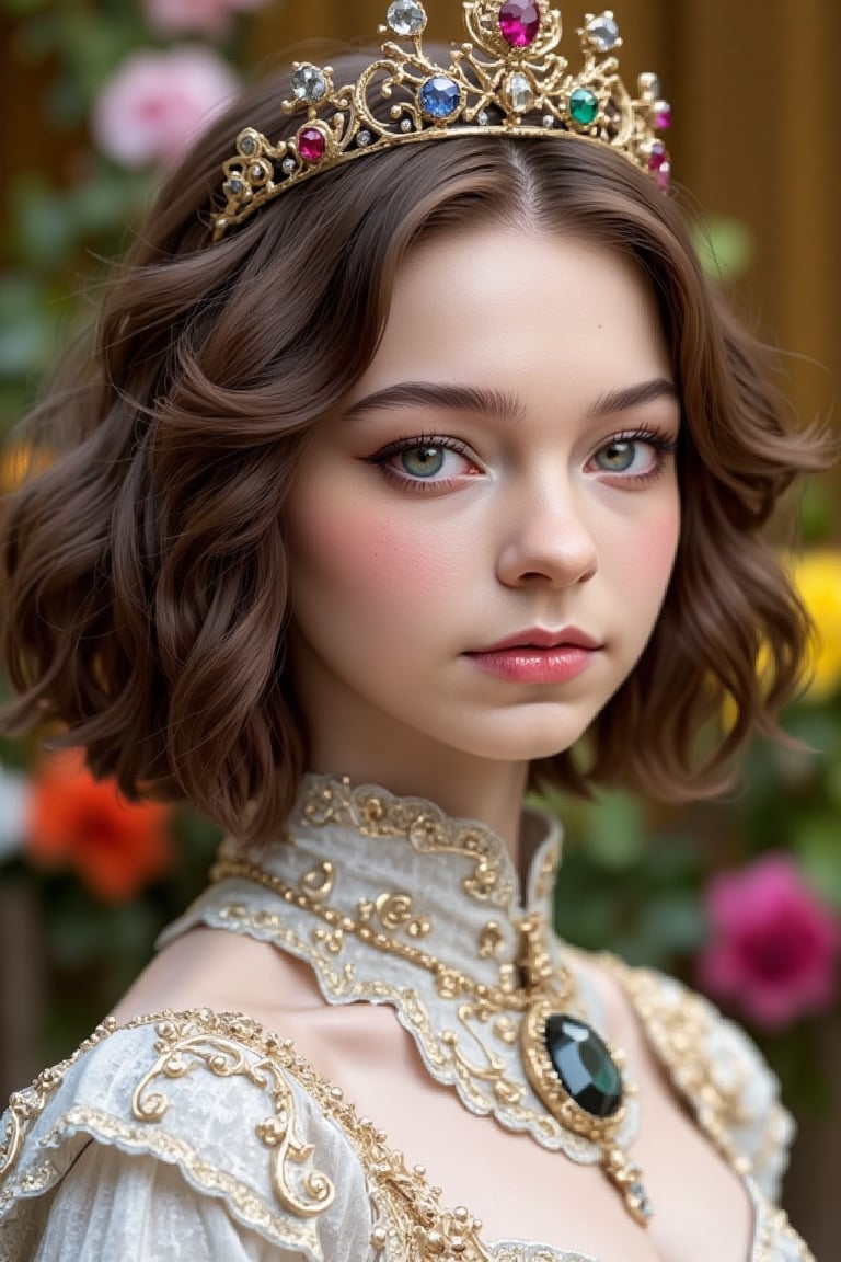 (Fine, 4k, 8k, HD, Masterpiece: 1.2), Ultra-Detailed, Realistic, Lady, Medieval Style, Gorgeous Style, Princess Style, Gemstone Jewelry, Aristocratic Style, Full Body Shot: 1.5, Normal Shot: 1.5, Frontal Shot, Germany Bro style, shy expression, brown curly hair, elegant mini crown,colorful, garden scenery, high color flowers background, studio lighting, FLUX_QTNimE_2, NiJi_2_FLUX, REALNIME