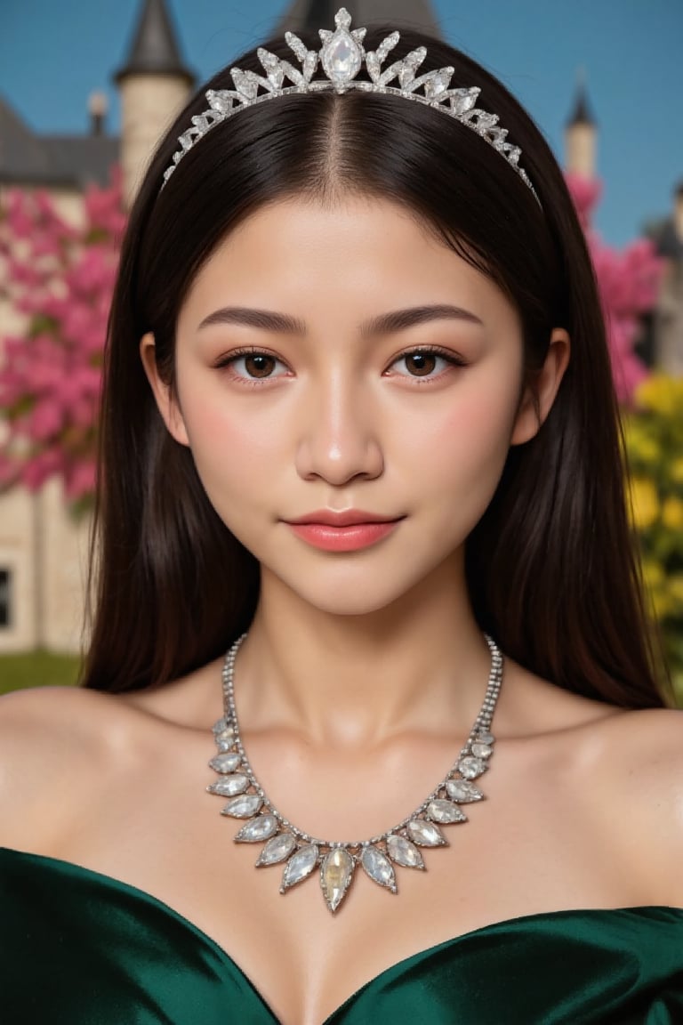 (Fine, 4k, 8k, HD, Masterpiece: 1.2), Super Fine, Eye Sparkle, Realistic, Lady, Medieval Style, Gorgeous Style, Princess Style, Gemstone Jewelry, Aristocratic Style, Full Body Shot: 1.5, Normal Shot: 1.5, Frontal Shooting, German Bro style, shy expression, straight black hair, elegant mini crown, colorful, garden scenery, high-color floral background, castle background, studio lighting, FLUX_QTNimE_2, NiJi_2_FLUX, REALNIME