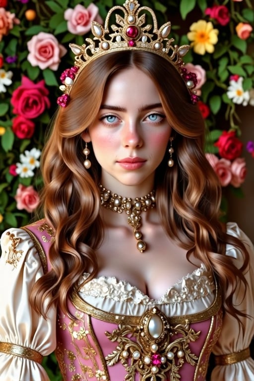 (Fine, 4k, 8k, HD, Masterpiece: 1.2), Ultra-Detailed, Realistic, Lady, Medieval Style, Gorgeous Style, Princess Style, Gemstone Jewelry, Aristocratic Style, Full Body Shot: 1.5, Normal Shot: 1.5, Frontal Shot, Germany Bro style, shy expression, brown curly hair, colorful, garden scenery, high color flowers background, studio lighting, FLUX_QTNimE_2, NiJi_2_FLUX, REALNIME